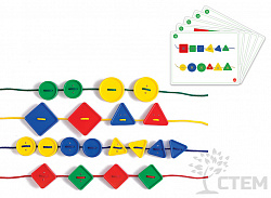 Шнуровка "Пуговицы" (3 формы, 2 размера, 4 цвета, 48 шт., 4 шнурка, 10 карточек).