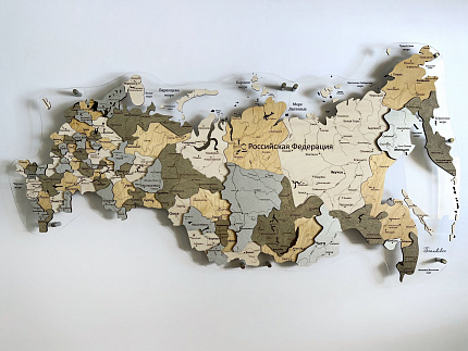 Карта России ИЗ ДЕРЕВА многоуровневая, на подложке из орг.стекла 100х55 С ПОДСВЕТКОЙ