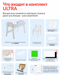 Песочный световой стол "ULTRA"
Детский стол + КРЫШКА Белая/Меловая + Растущий стул + Прозрачный мольберт + Панель конструктор + Игровая КРЫШКА Алфавит/Магнитно-маркерная + Набор Эбру +4 навесных стаканчика