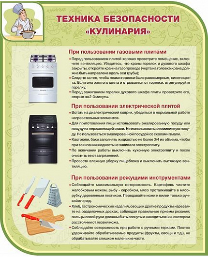 Стенд для школы ТЕХНИКА БЕЗОПАСНОСТИ КУЛИНАРИЯ