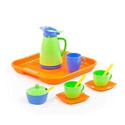 Набор детской посуды Алиса с подносом на 2 персоны, оранжево-зеленый