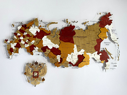 Карта России ИЗ ДЕРЕВА многоуровневая, на подложке из орг.стекла 100х55 С ПОДСВЕТКОЙ