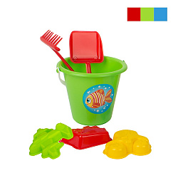 Песочный набор мультяшка «Едем? Едем!» (4 формочки для песка, совок, грабли, ведро детское)