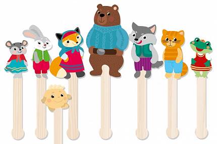 Штоковый театр. Набор кукол и декораций. Любимые сказки. "Колобок", "Теремок", "Кот и лиса"