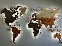 Многоуровневая карта мира из дерева С ПОДСВЕТКОЙ 200х124