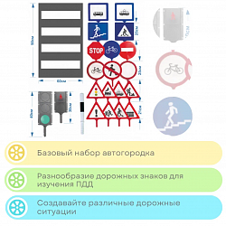 Автогородок с облегченными стойками: 22 знака, 2 светофора, 1 жезл, 1 пешеходная дорожка, 10 стоек