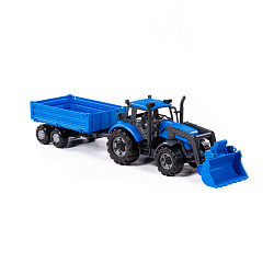 Трактор "Прогресс" с бортовым прицепом и ковшом инерционный (синий) (в коробке)